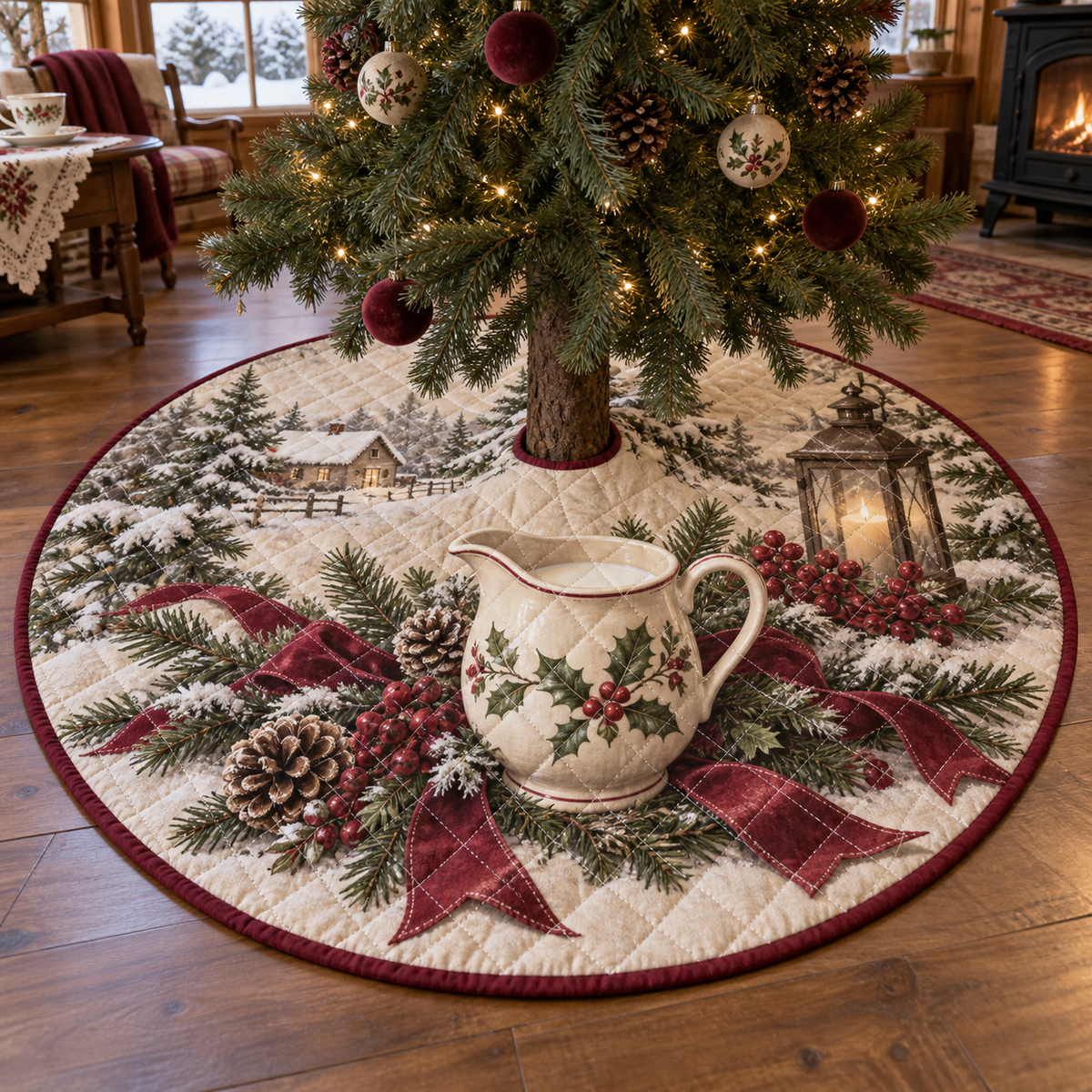 Holiday Creamer Quilted Christmas Tree Skirt — digital product visualization