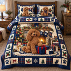 Holiday Fireplace Poodle quilted 3-piece bedding set on a made bed in a winter-styled bedroom