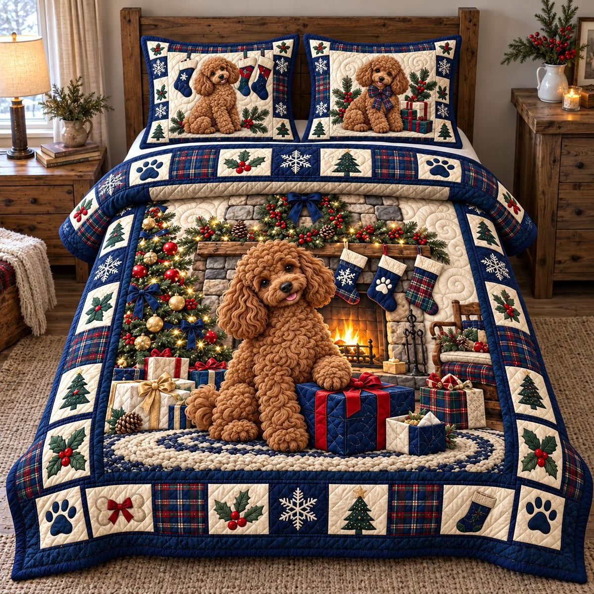 Holiday Fireplace Poodle quilted 3-piece bedding set on a made bed in a winter-styled bedroom