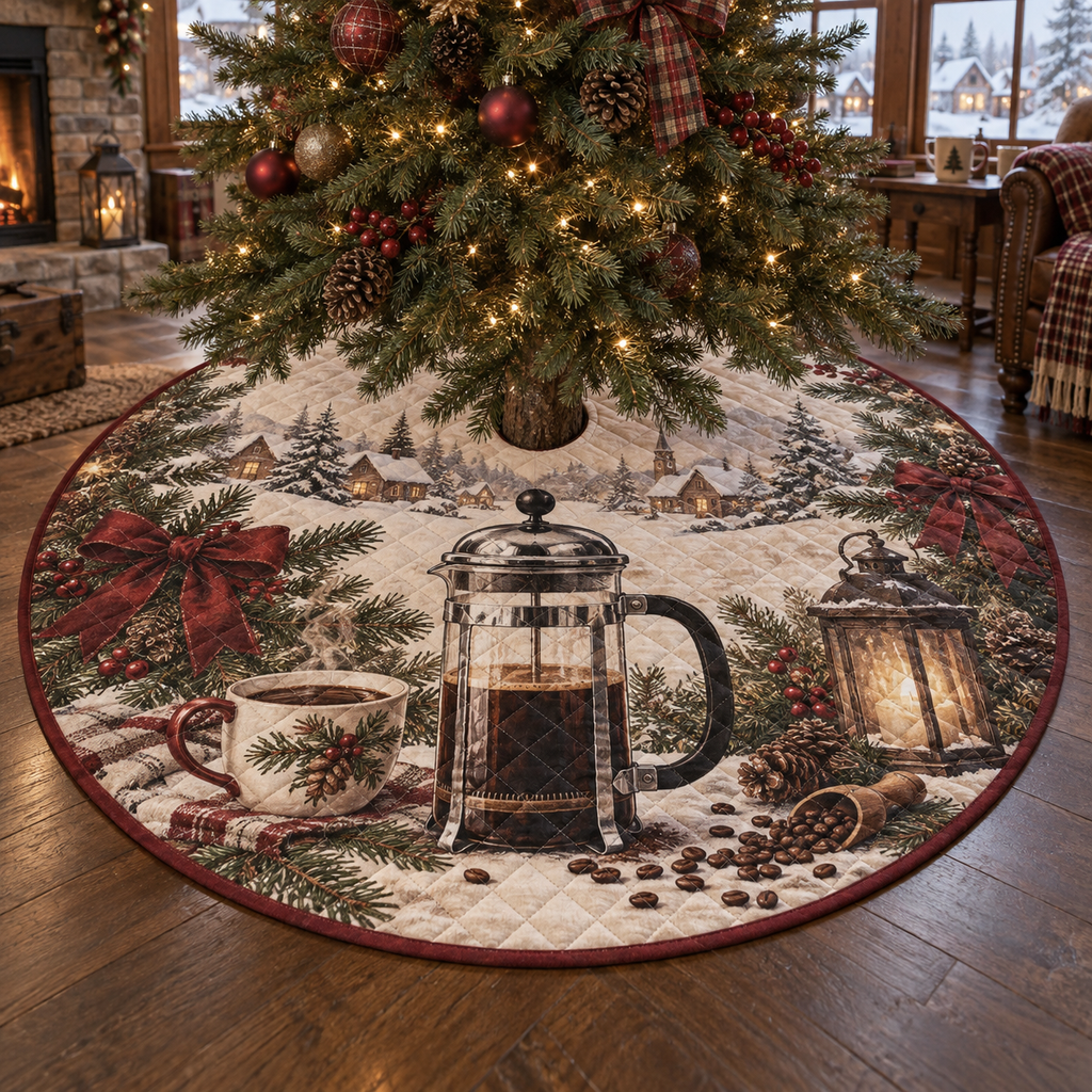 Holiday French Press Quilted Christmas Tree Skirt — digital product visualization