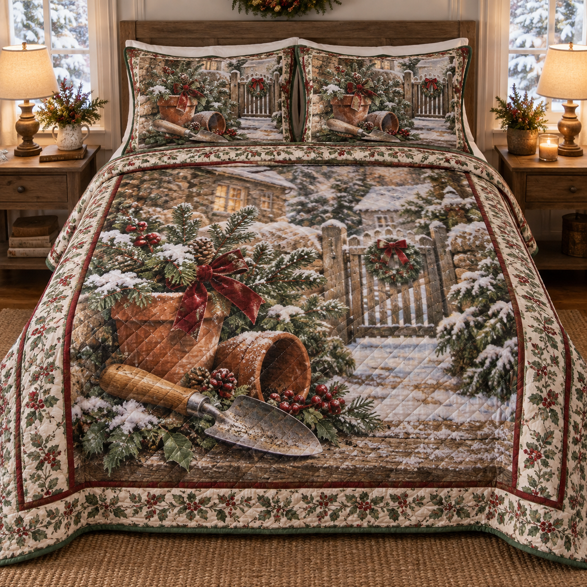 Holiday Garden Trowel Christmas 3-Piece Quilted Bedding Set — digital product visualization