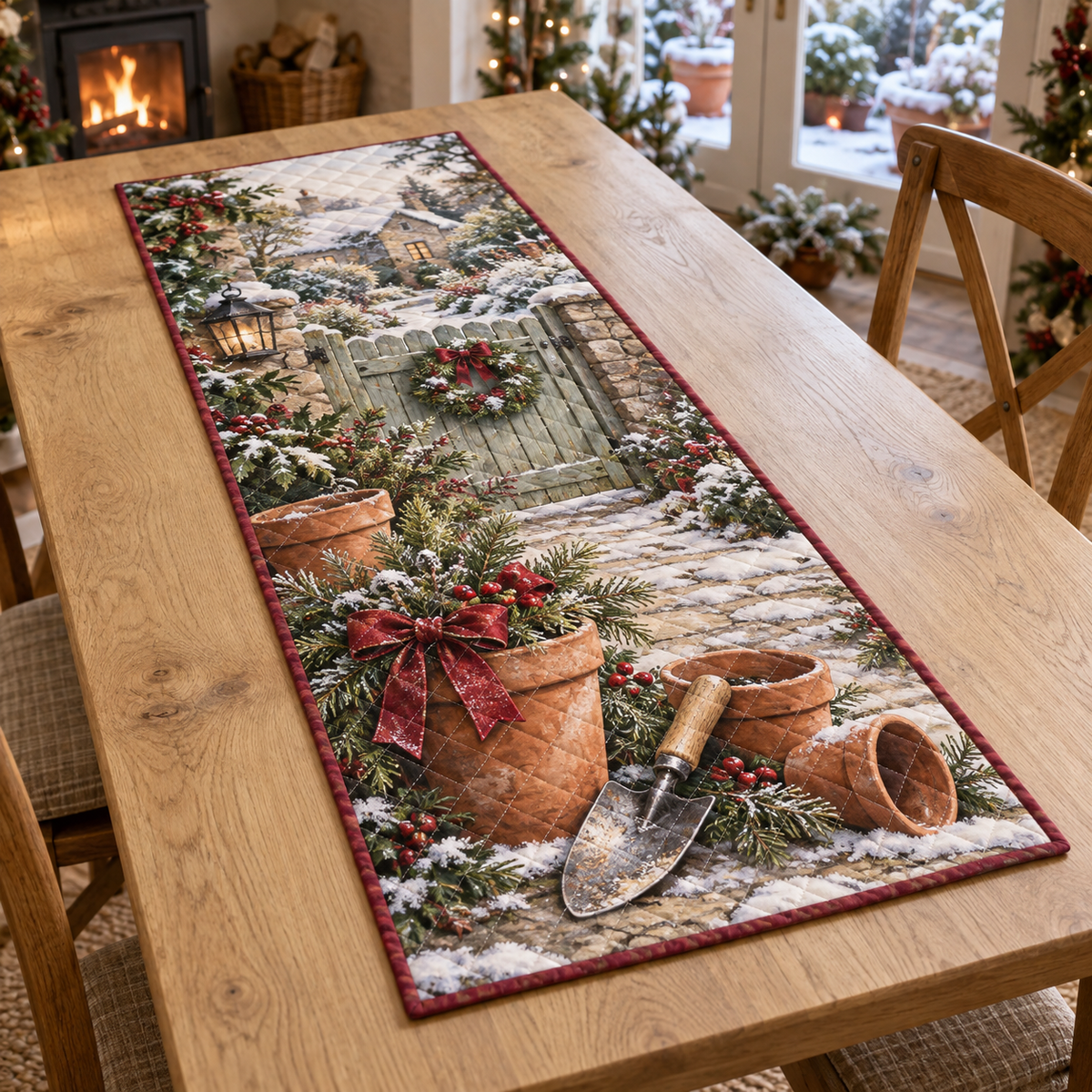 Holiday Garden Trowel Christmas Quilted Table Runner — digital product visualization