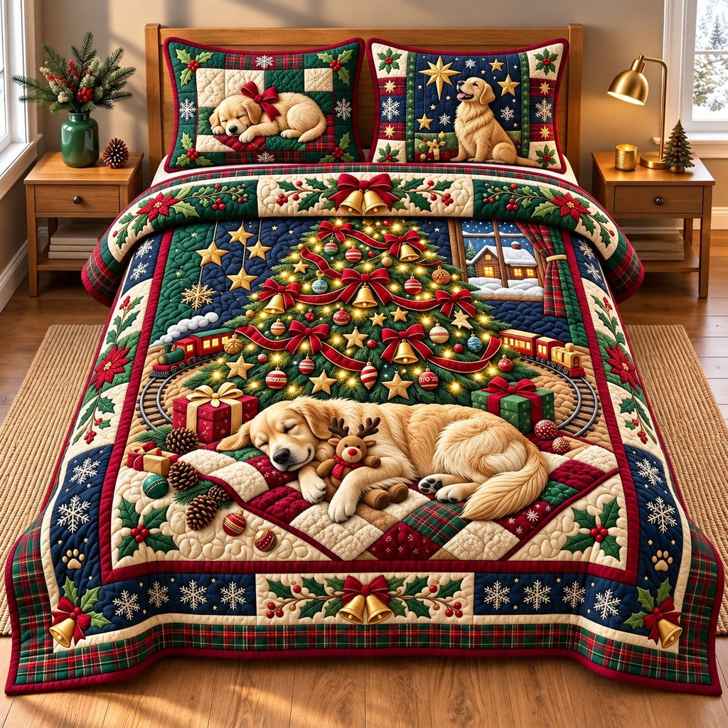 Holiday Golden quilted 3-piece bedding set on a made bed in a winter-styled bedroom