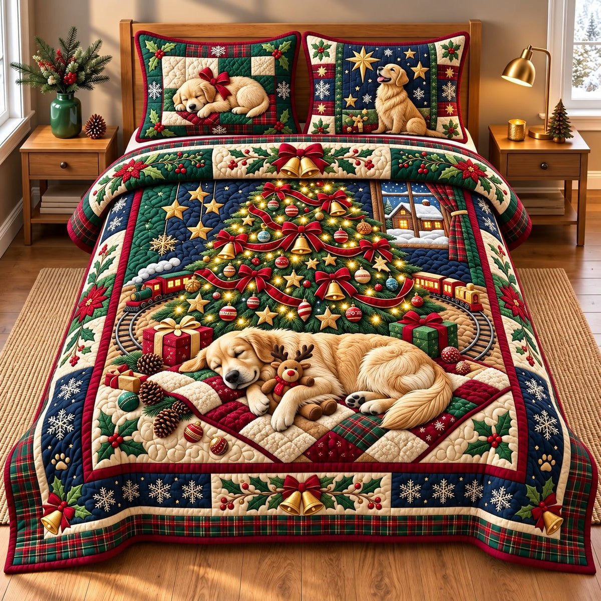 Holiday Golden quilted 3-piece bedding set on a made bed in a winter-styled bedroom