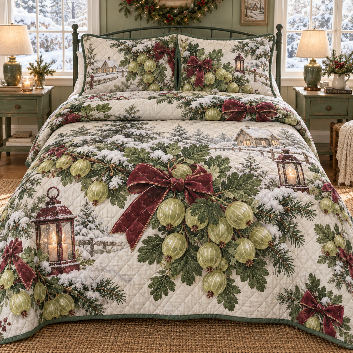 Holiday Gooseberry Christmas 3-Piece Quilted Bedding Set — digital product visualization