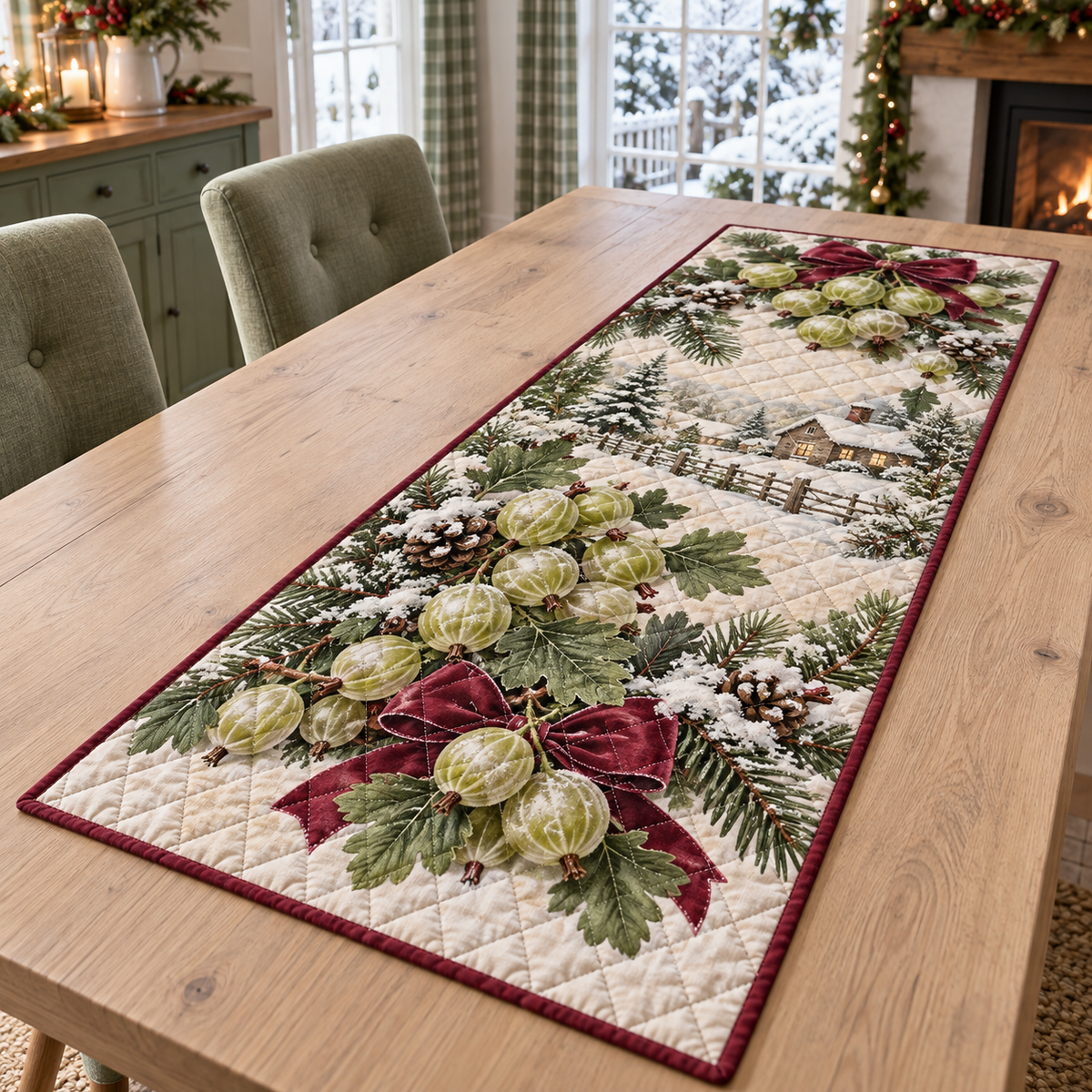 Holiday Gooseberry Christmas Quilted Table Runner — digital product visualization