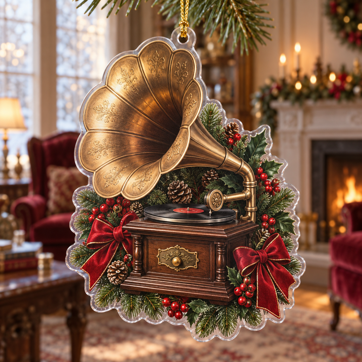 Holiday Gramophone Acrylic Christmas Ornament — digital product visualization