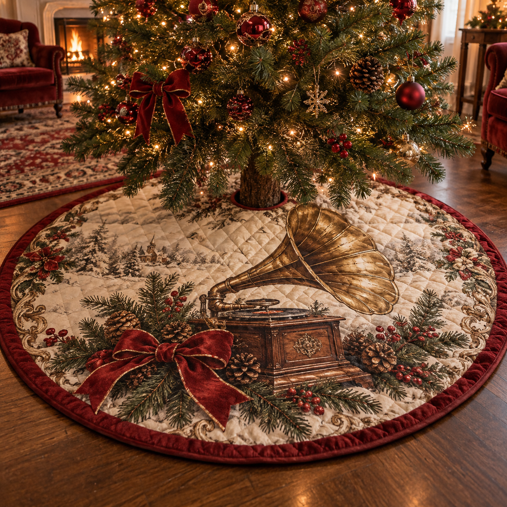 Holiday Gramophone Quilted Christmas Tree Skirt — digital product visualization