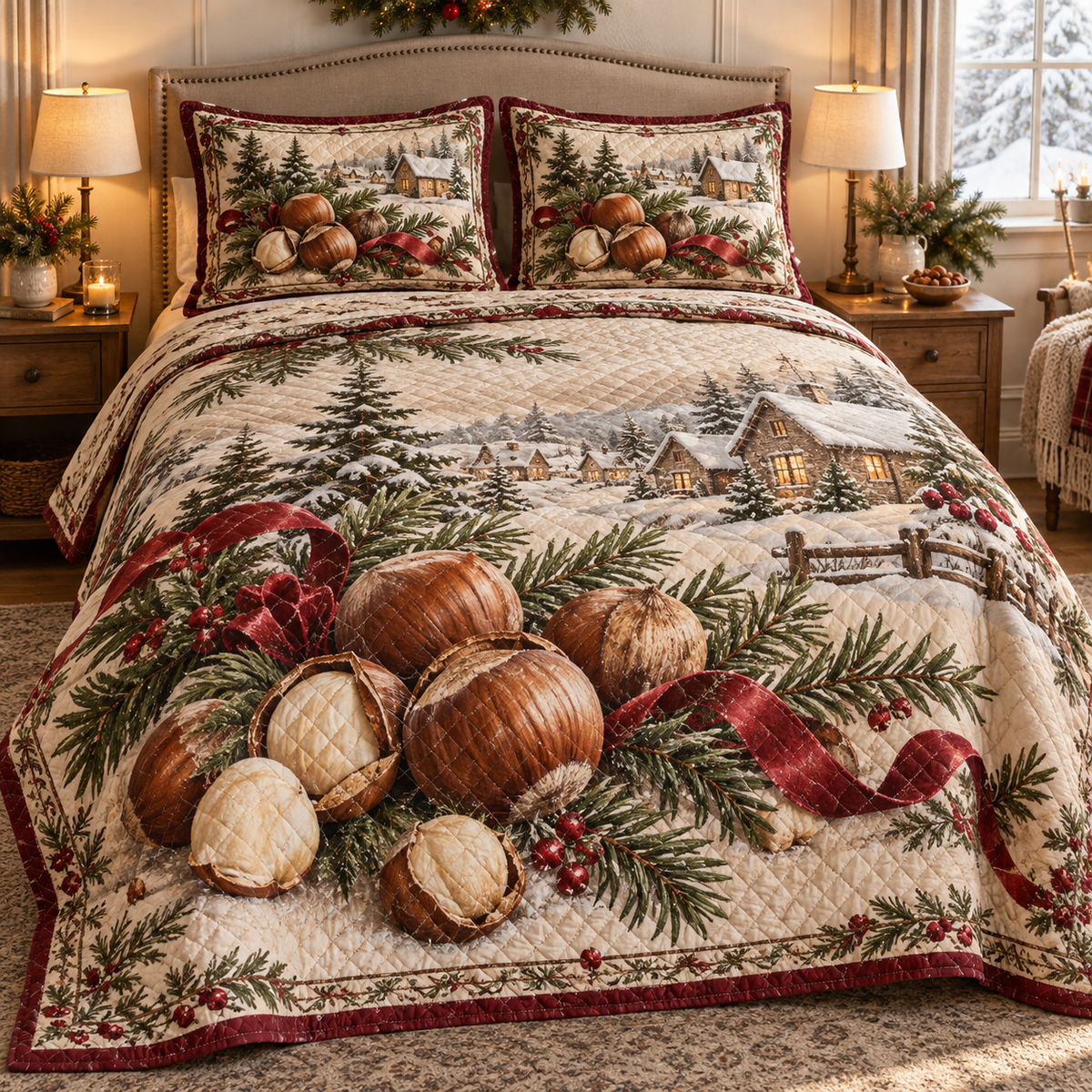 Holiday Hazelnut Christmas 3-Piece Quilted Bedding Set — digital product visualization
