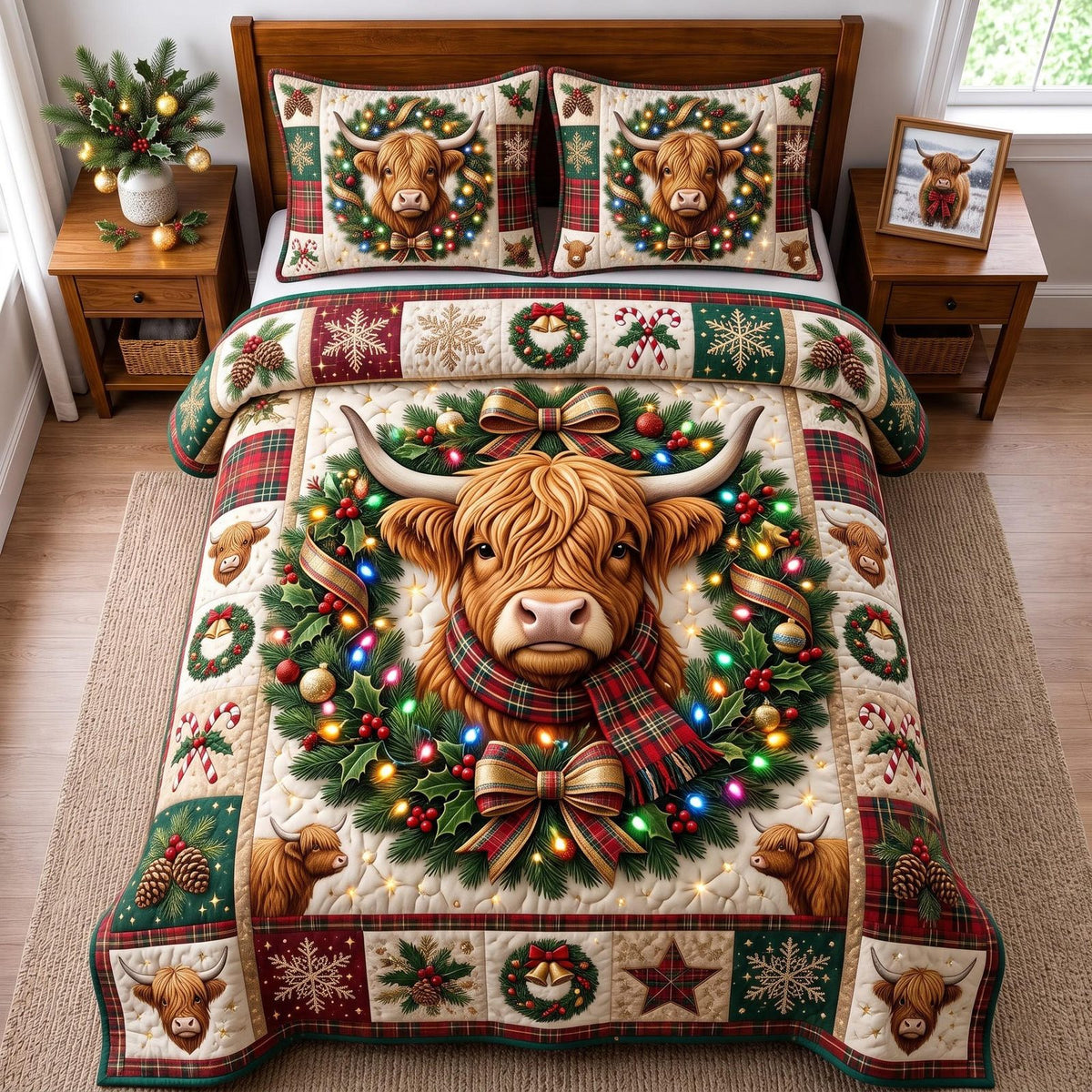 Holiday Highland quilted 3-piece bedding set on a made bed in a winter-styled bedroom