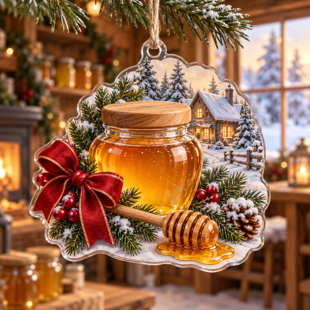 Holiday Honey Jar Acrylic Christmas Ornament — digital product visualization