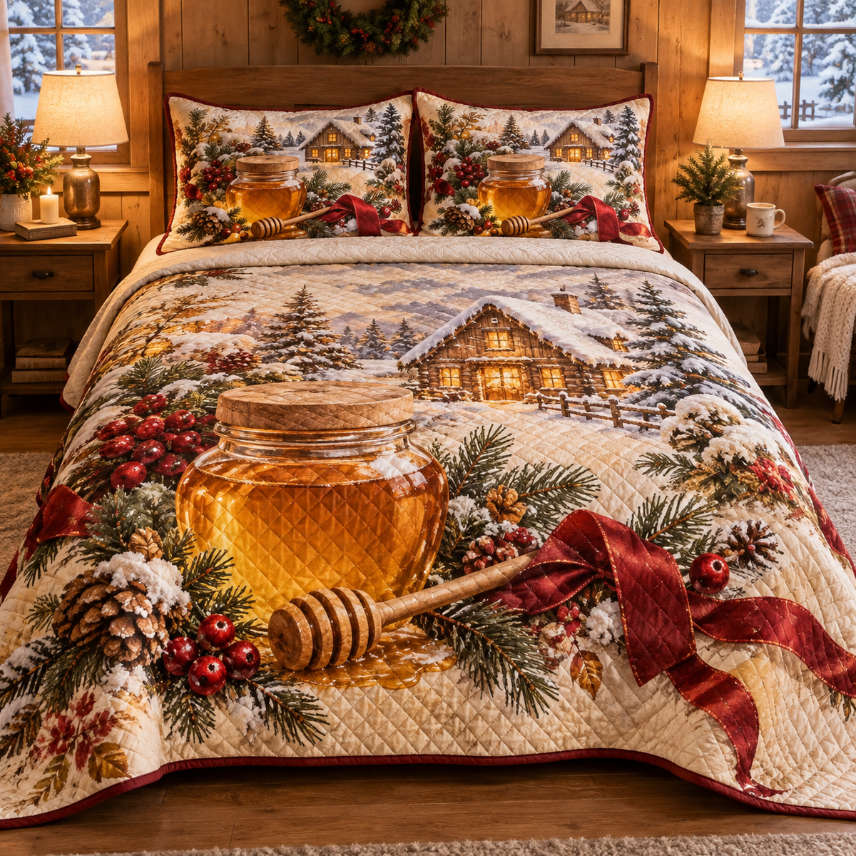 Holiday Honey Jar Christmas 3-Piece Quilted Bedding Set — digital product visualization