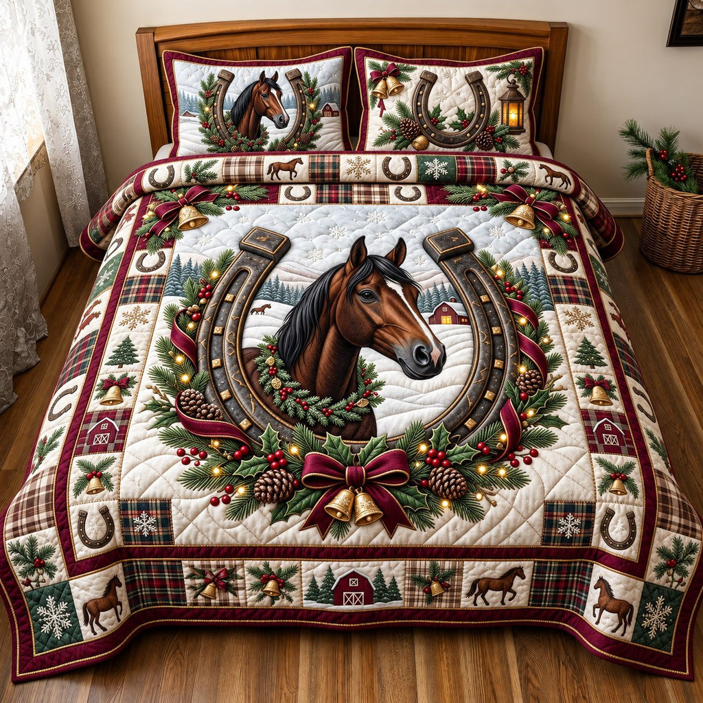 Holiday Horse quilted 3-piece bedding set on a made bed in a winter-styled bedroom