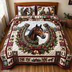 Holiday Horse quilted 3-piece bedding set on a made bed in a winter-styled bedroom