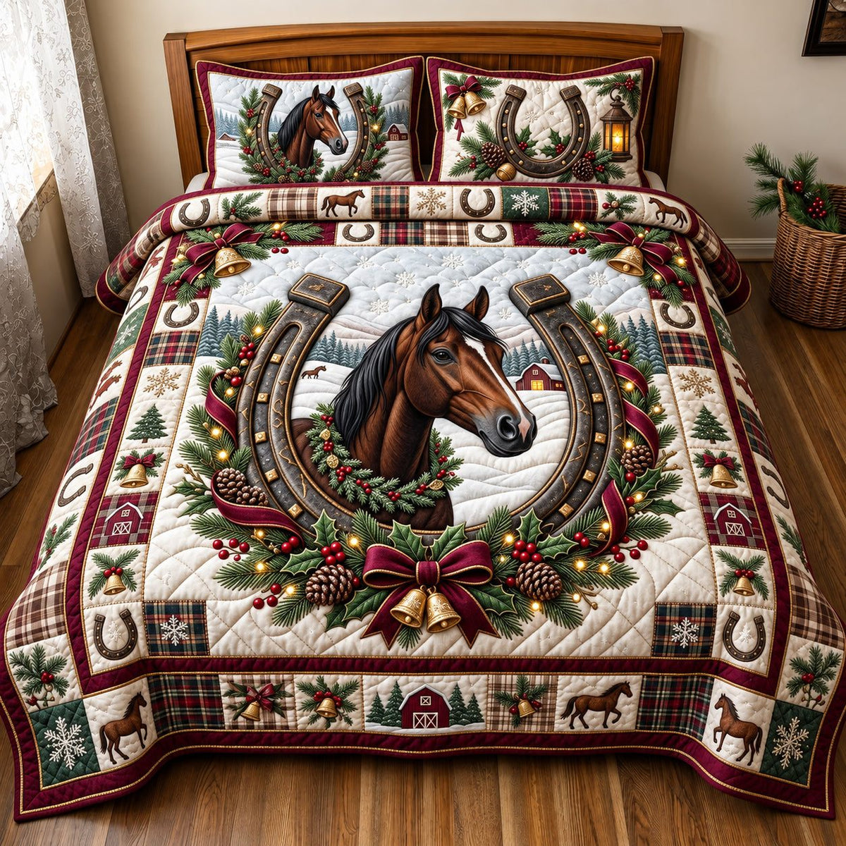 Holiday Horse quilted 3-piece bedding set on a made bed in a winter-styled bedroom
