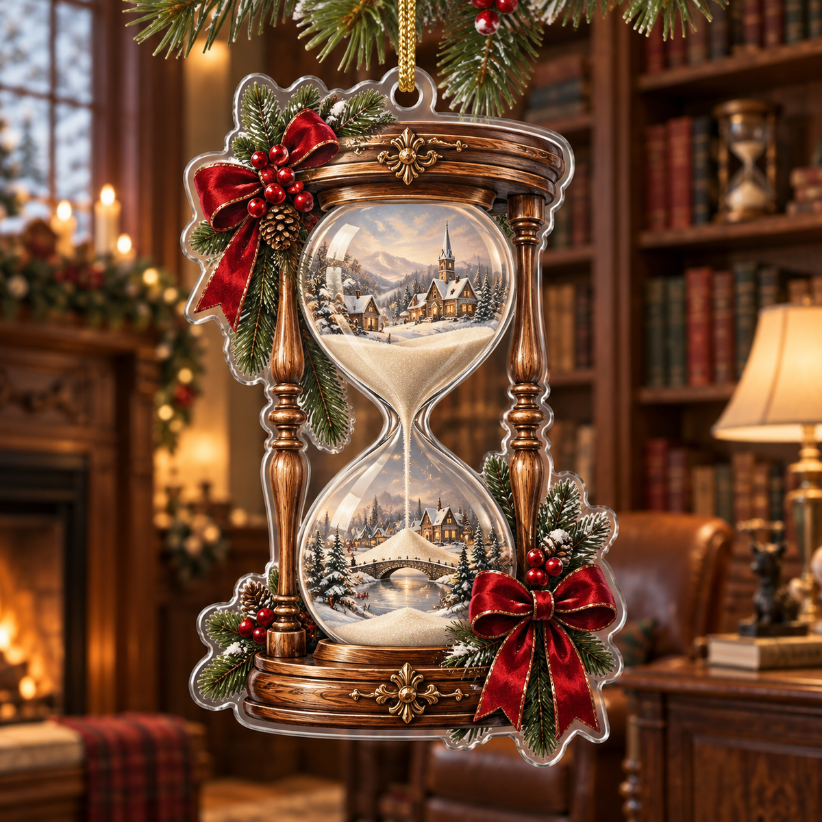 Holiday Hourglass Acrylic Christmas Ornament — digital product visualization