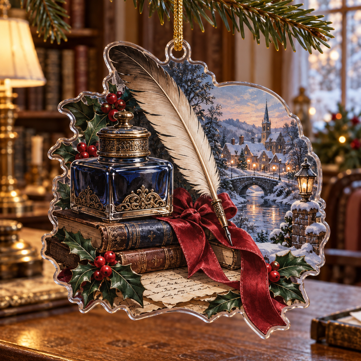 Holiday Inkwell Acrylic Christmas Ornament — digital product visualization