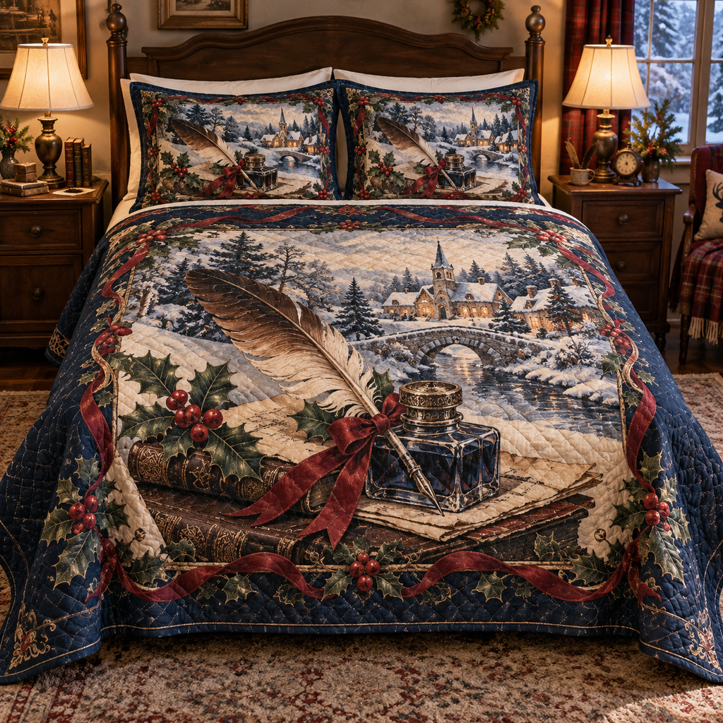 Holiday Inkwell Christmas 3-Piece Quilted Bedding Set — digital product visualization