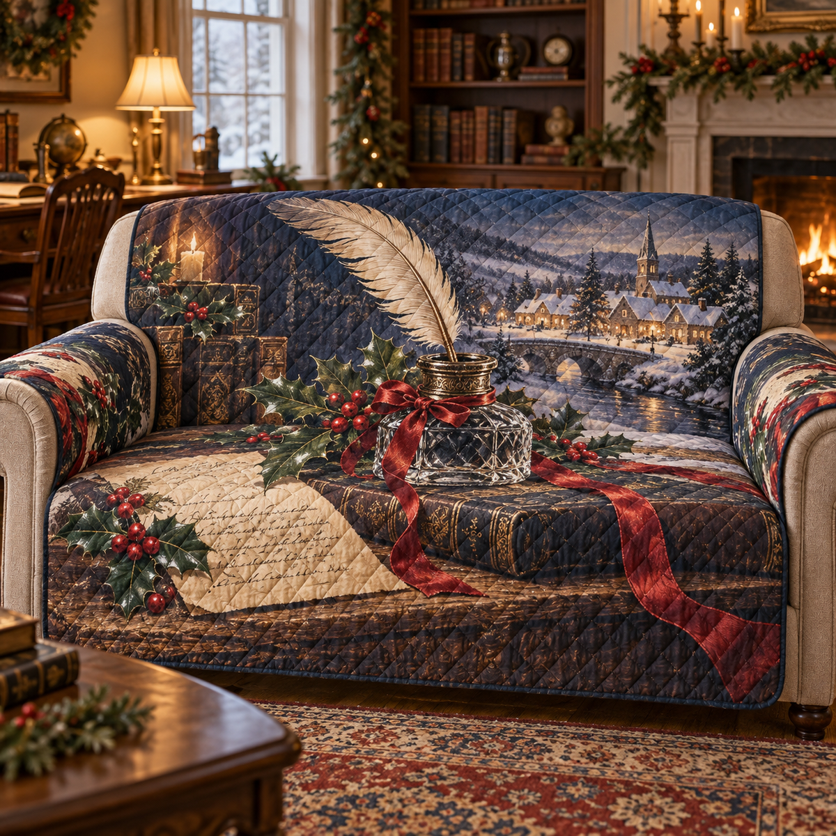 Holiday Inkwell Christmas Quilted Sofa Cover — digital product visualization