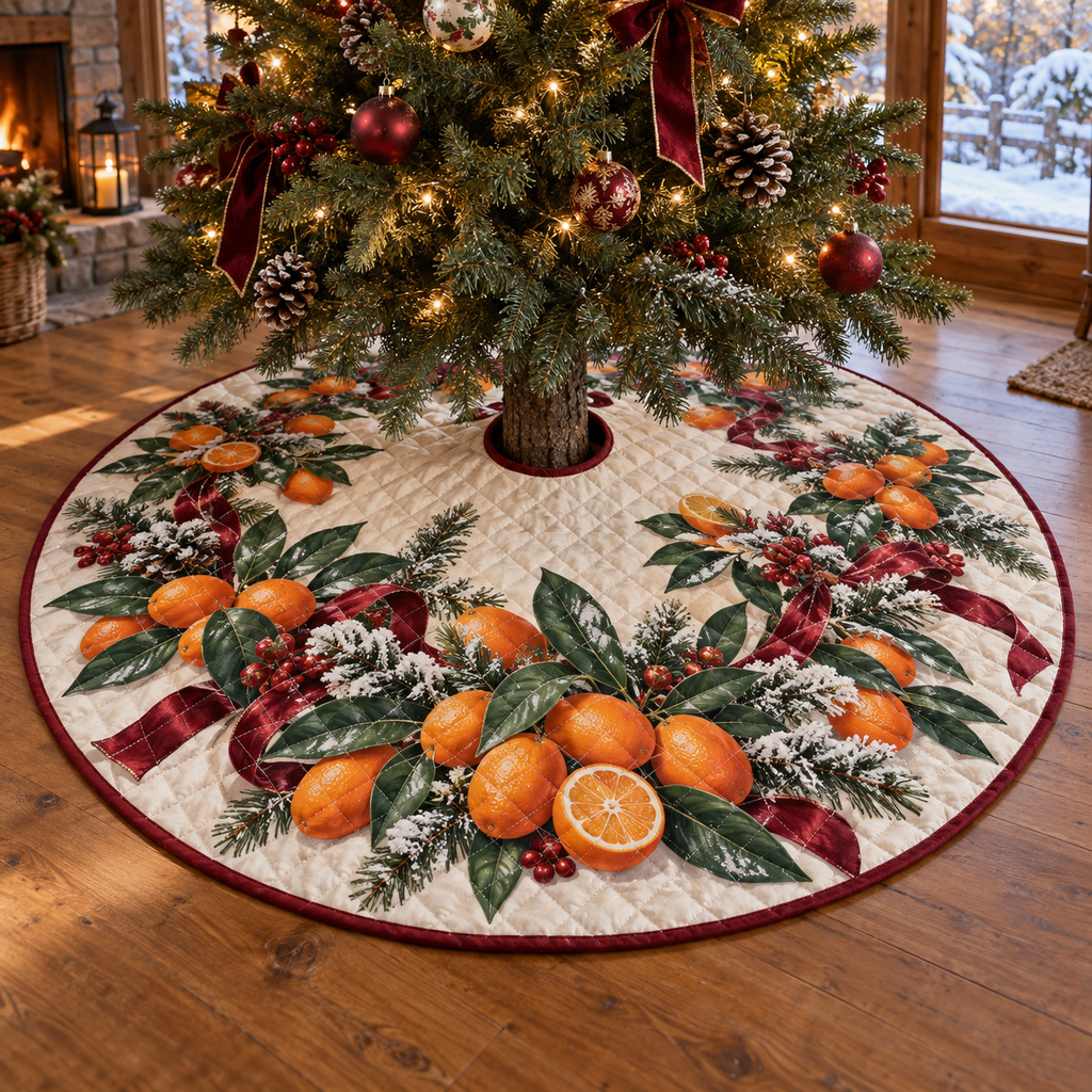 Holiday Kumquat Quilted Christmas Tree Skirt — digital product visualization