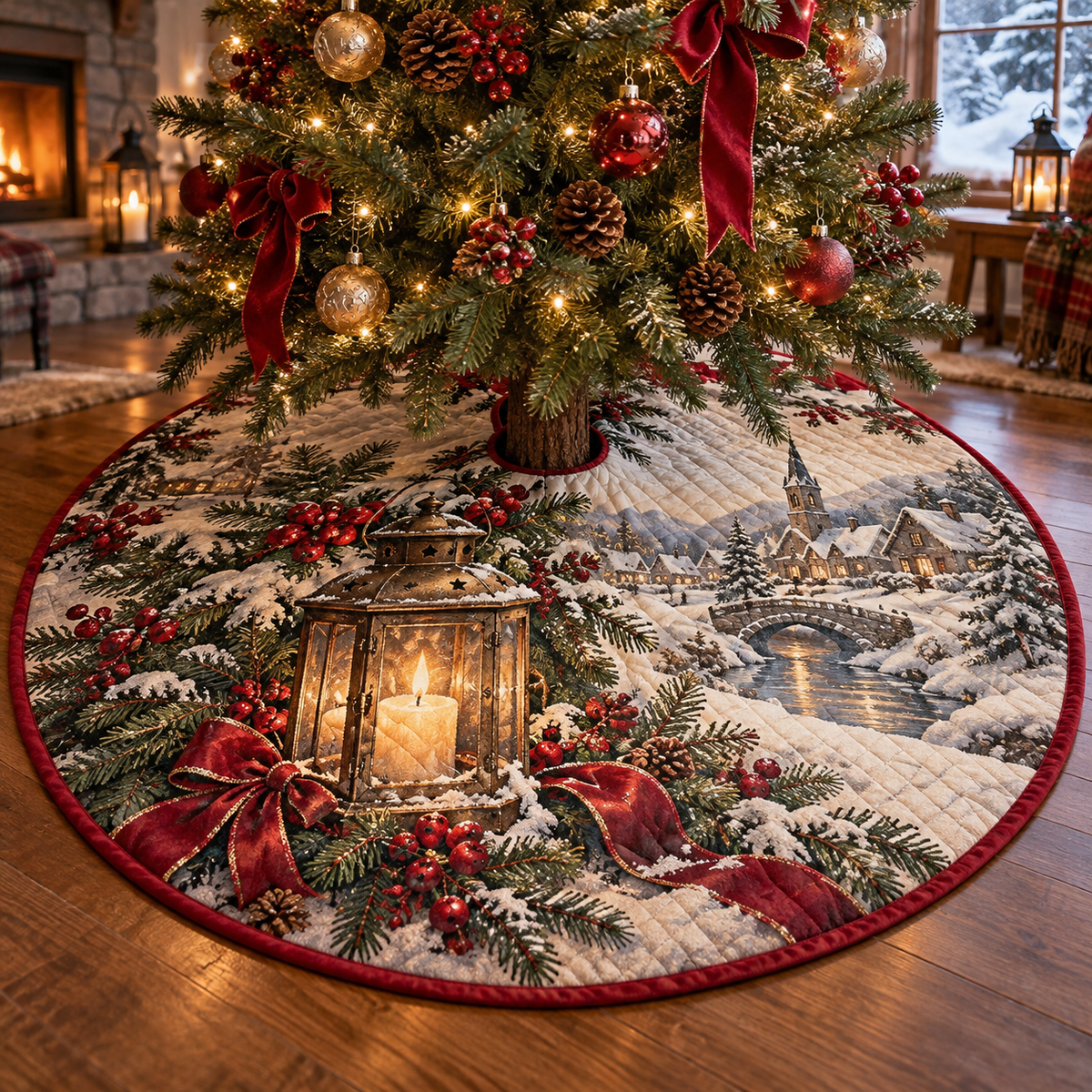 Holiday Lantern Quilted Christmas Tree Skirt — digital product visualization