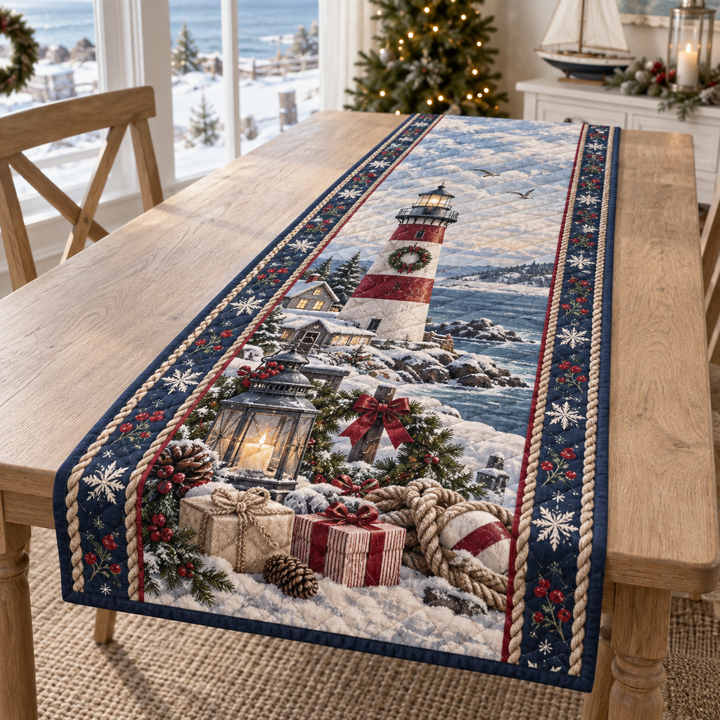 Holiday Lighthouse Christmas Quilted Table Runner — digital product visualization