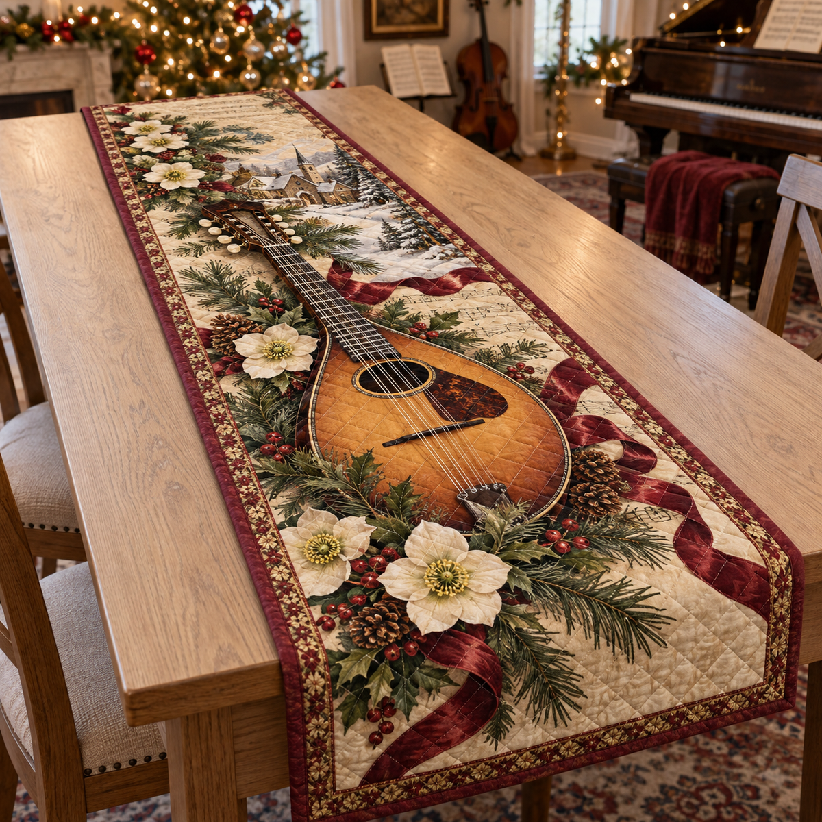 Holiday Mandolin Christmas Quilted Table Runner — digital product visualization