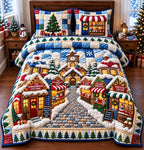 Holiday Market Village quilted 3-piece bedding set on a made bed in a winter-styled bedroom