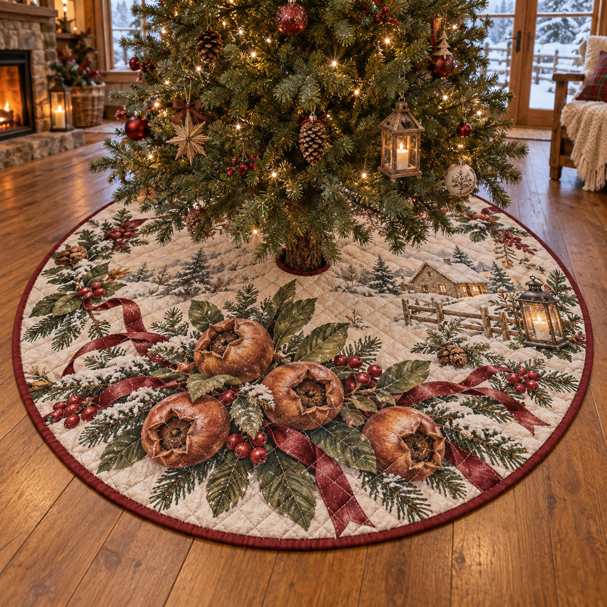 Holiday Medlar Quilted Christmas Tree Skirt — digital product visualization