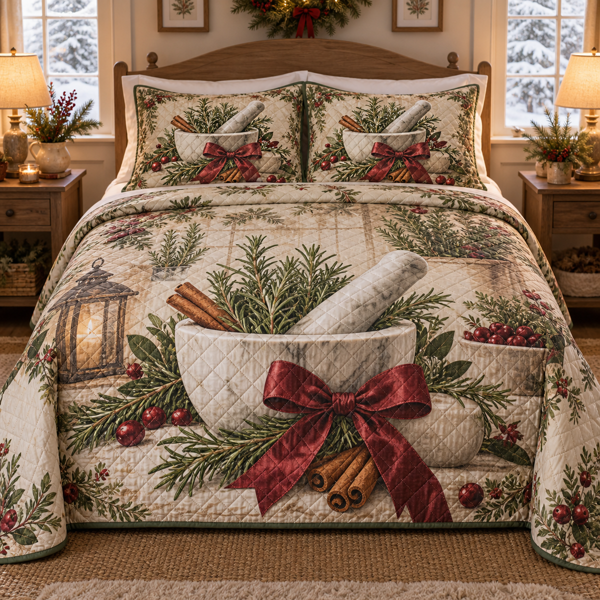 Holiday Mortar and Pestle Christmas 3-Piece Quilted Bedding Set — digital product visualization