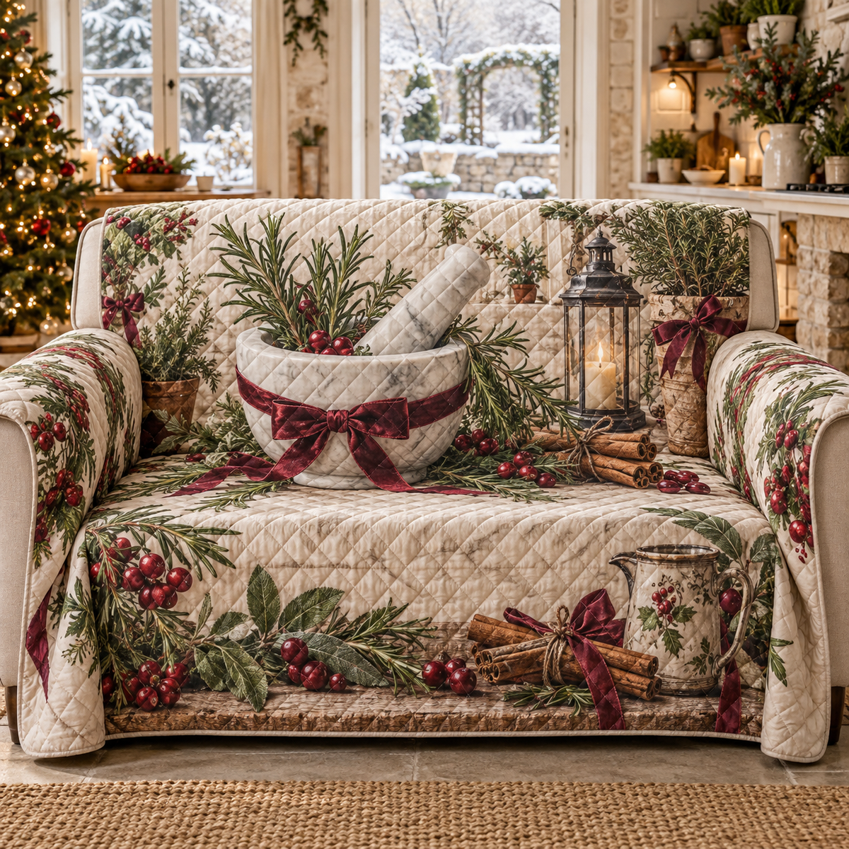 Holiday Mortar and Pestle Christmas Quilted Sofa Cover — digital product visualization
