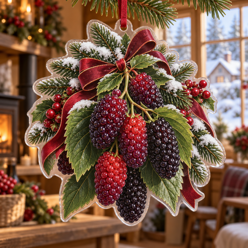 Holiday Mulberry Acrylic Christmas Ornament — digital product visualization