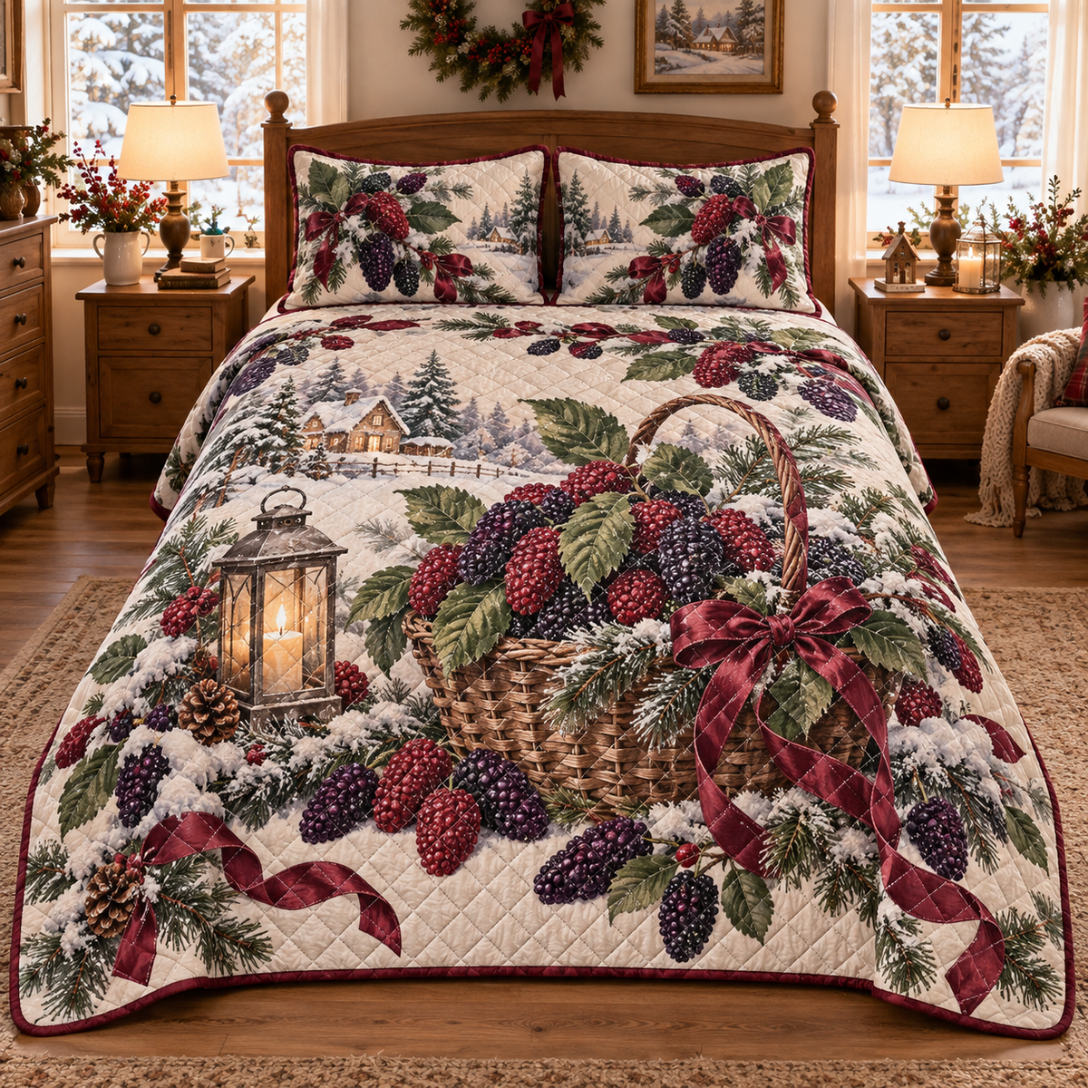 Holiday Mulberry Christmas 3-Piece Quilted Bedding Set — digital product visualization