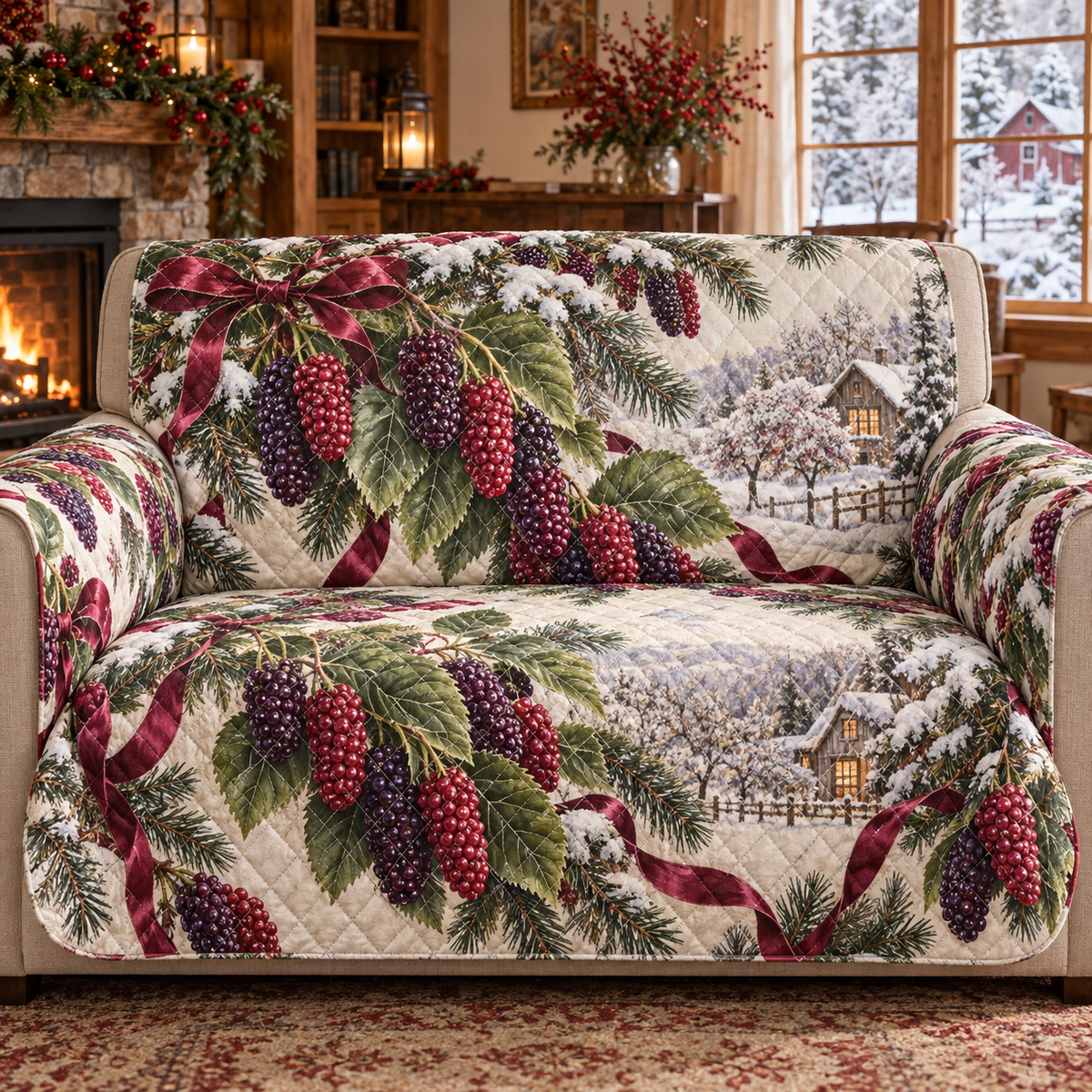 Holiday Mulberry Christmas Quilted Sofa Cover — digital product visualization