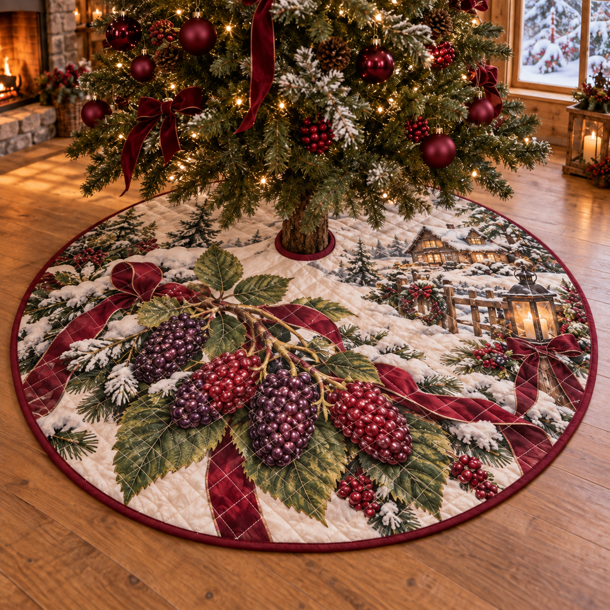 Holiday Mulberry Quilted Christmas Tree Skirt — digital product visualization