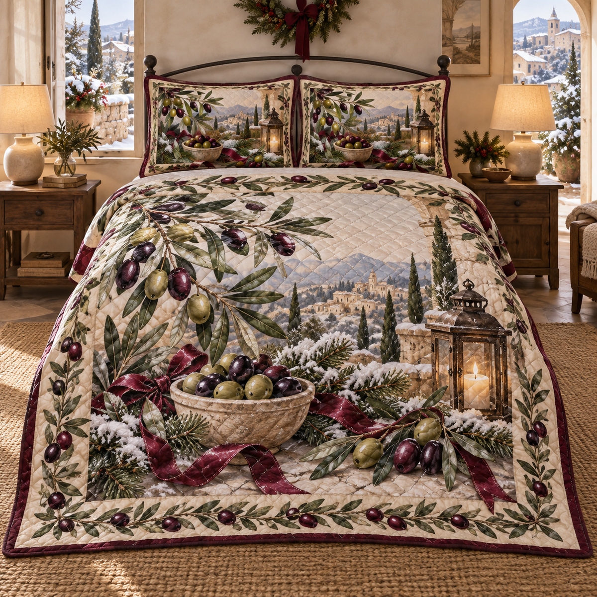 Holiday Olive Christmas 3-Piece Quilted Bedding Set — digital product visualization