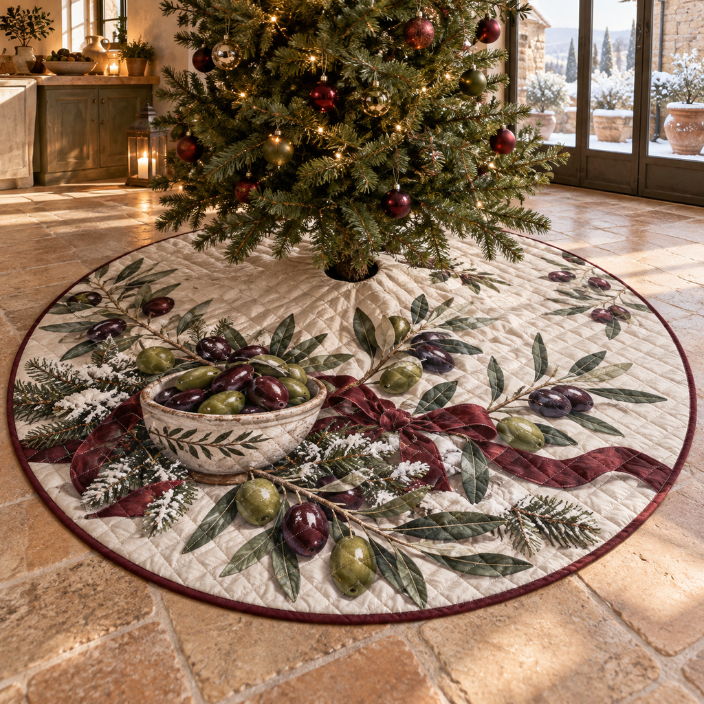 Holiday Olive Quilted Christmas Tree Skirt — digital product visualization