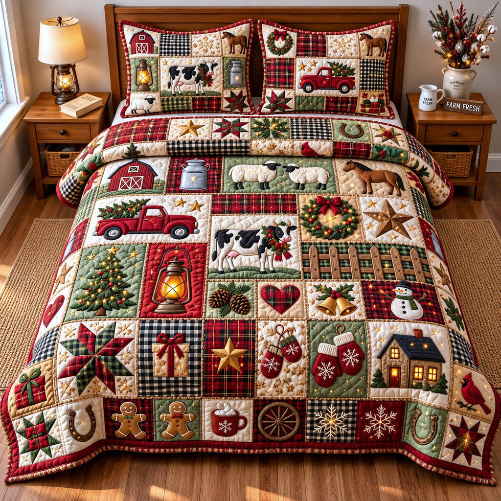 Holiday Patchwork quilted 3-piece bedding set on a made bed in a winter-styled bedroom
