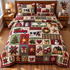 Holiday Patchwork quilted 3-piece bedding set on a made bed in a winter-styled bedroom