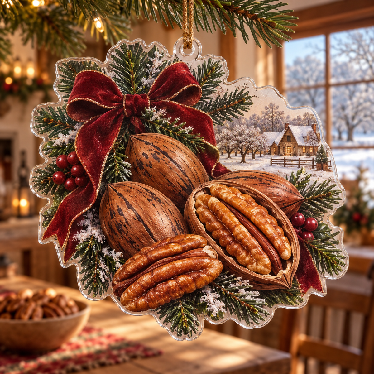 Holiday Pecan Acrylic Christmas Ornament — digital product visualization