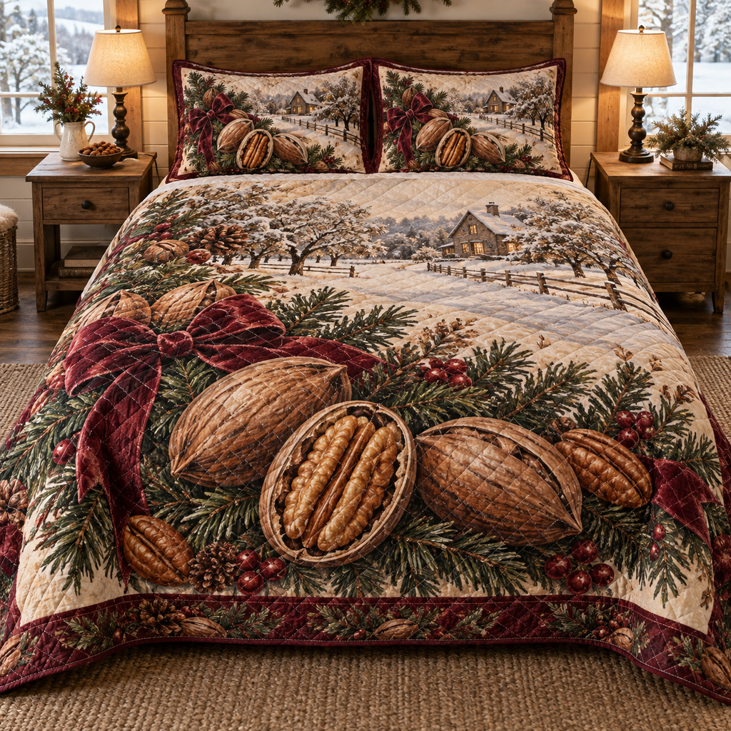 Holiday Pecan Christmas 3-Piece Quilted Bedding Set — digital product visualization