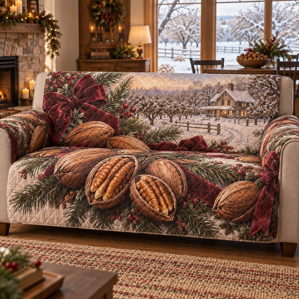 Holiday Pecan Christmas Quilted Sofa Cover — digital product visualization