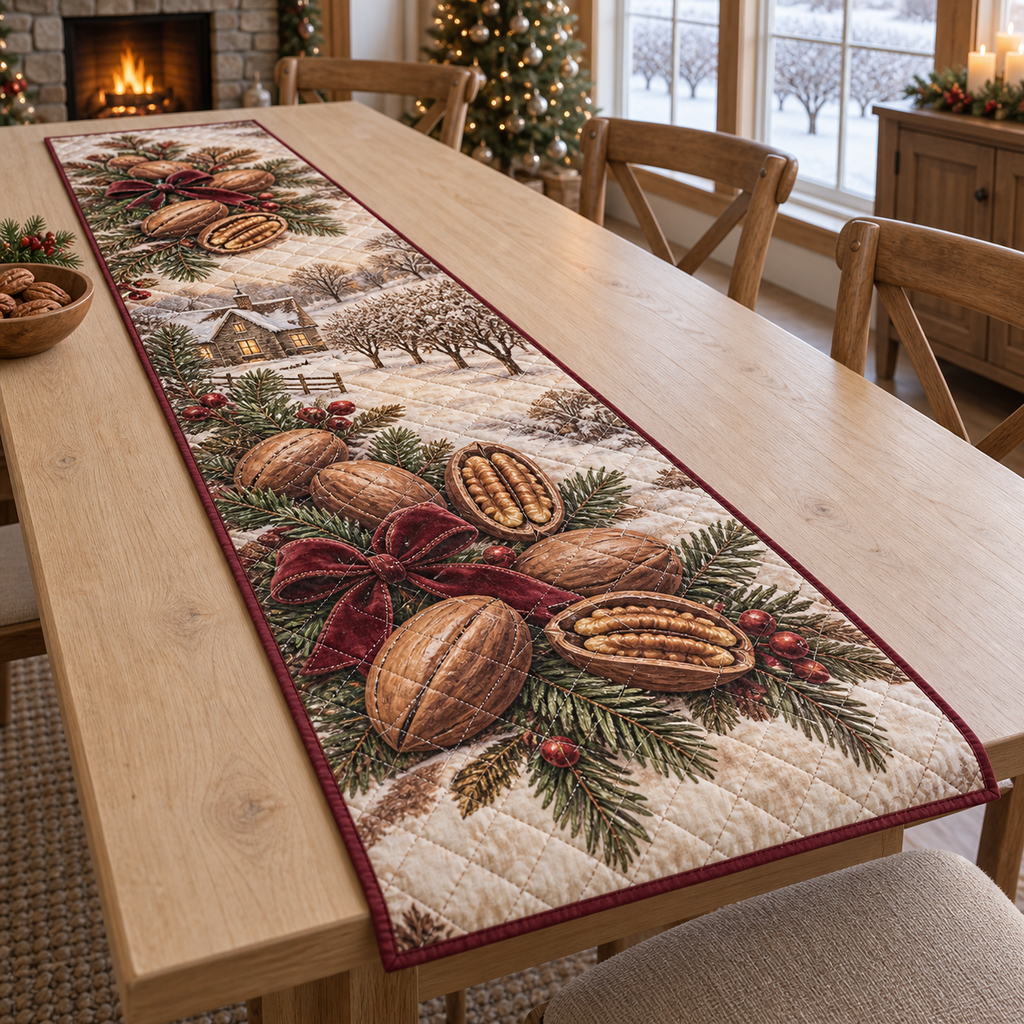 Holiday Pecan Christmas Quilted Table Runner — digital product visualization