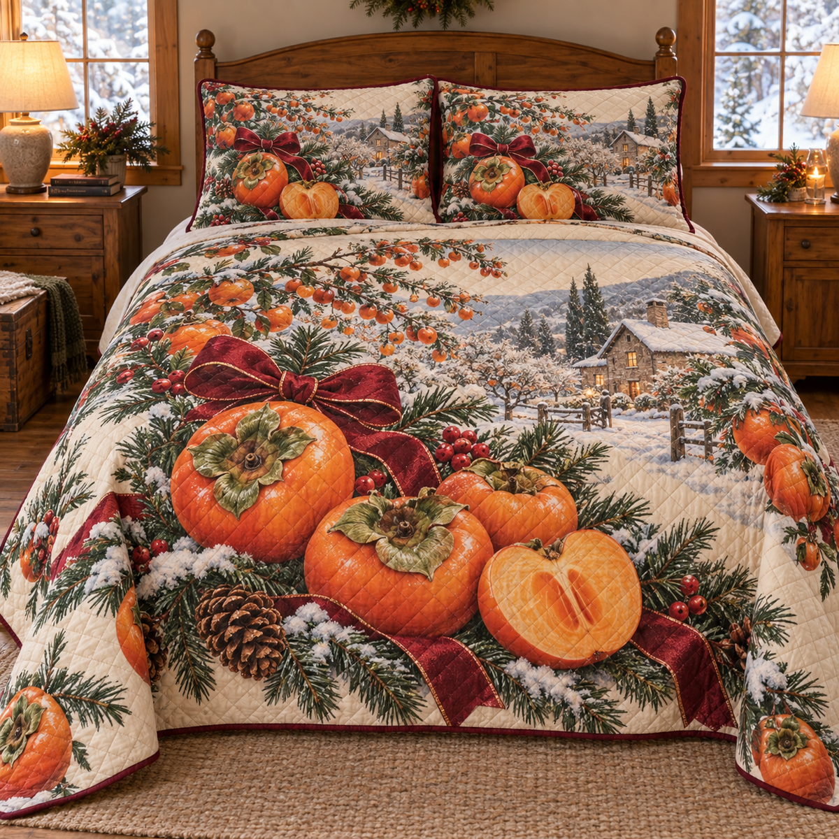 Holiday Persimmon Christmas 3-Piece Quilted Bedding Set — digital product visualization
