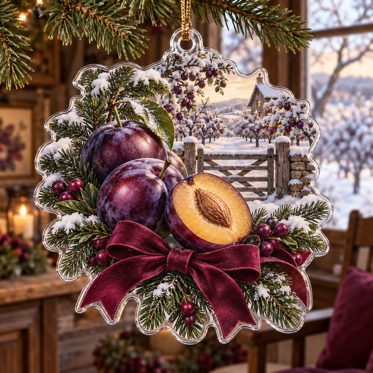 Holiday Plum Acrylic Christmas Ornament — digital product visualization