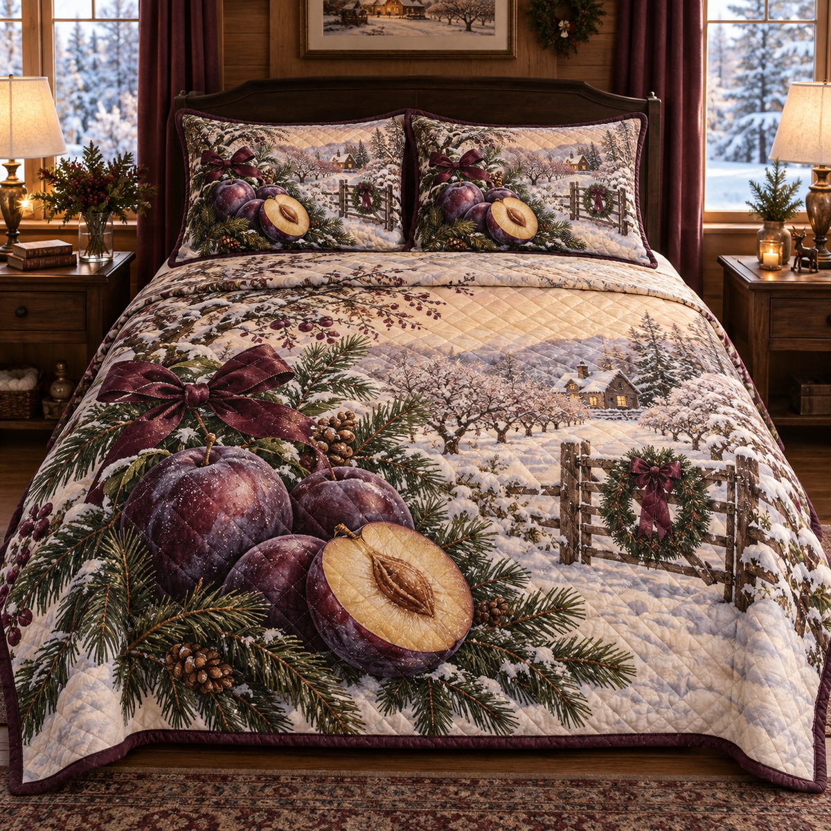 Holiday Plum Christmas 3-Piece Quilted Bedding Set — digital product visualization