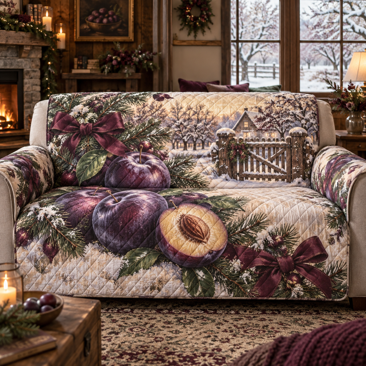 Holiday Plum Christmas Quilted Sofa Cover — digital product visualization