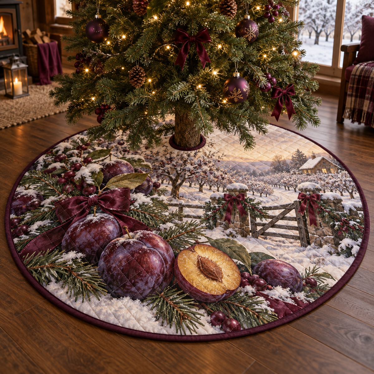 Holiday Plum Quilted Christmas Tree Skirt — digital product visualization