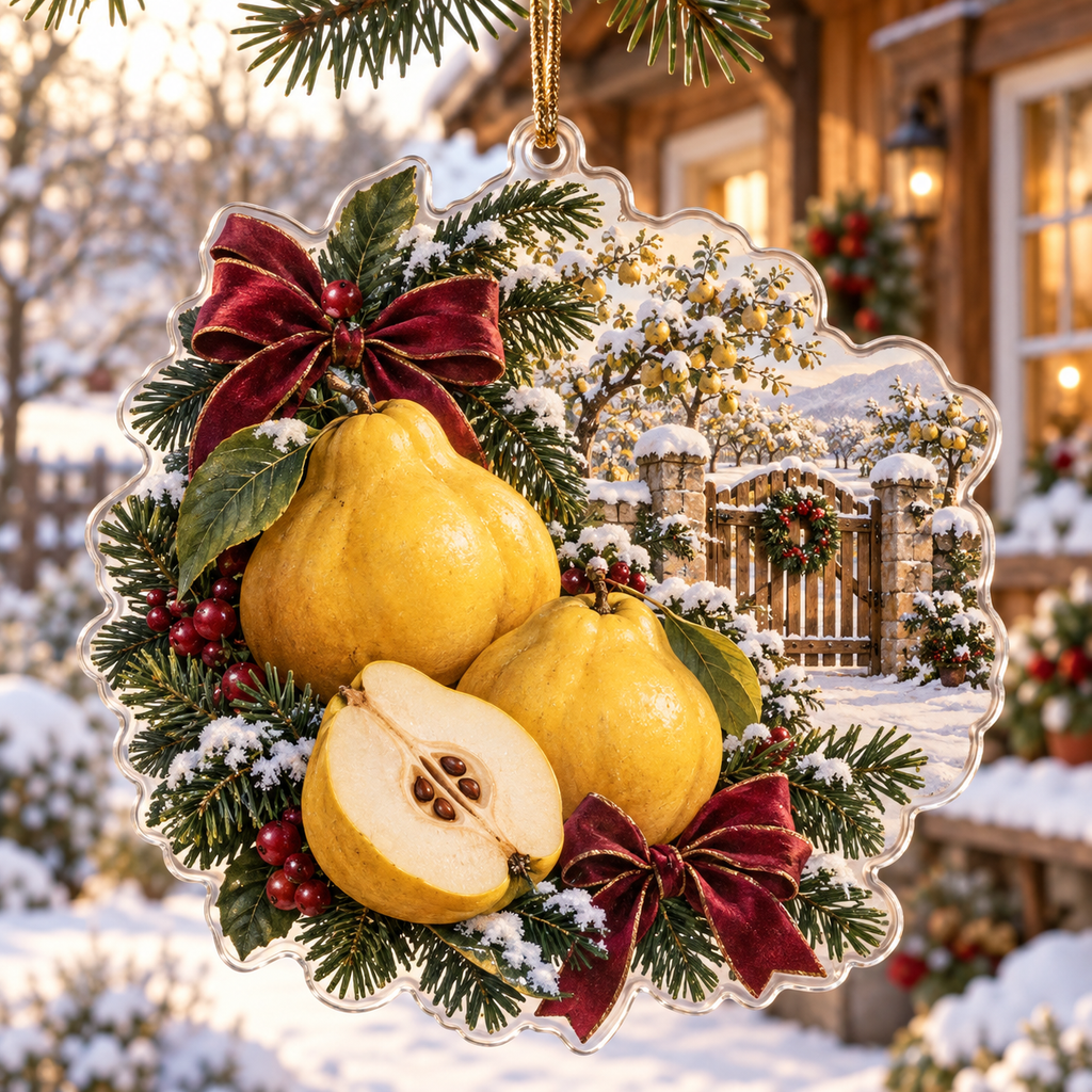 Holiday Quince Acrylic Christmas Ornament — digital product visualization