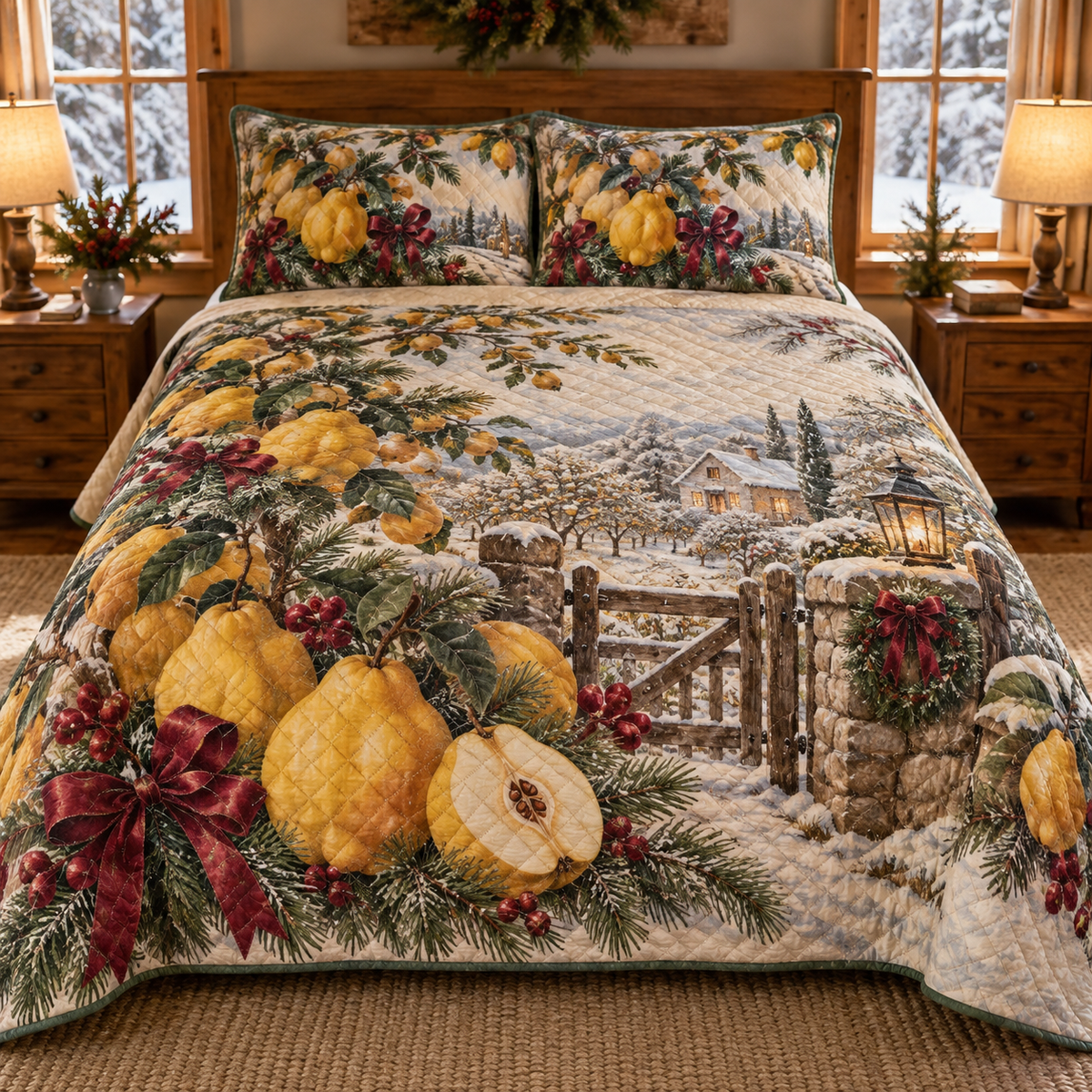 Holiday Quince Christmas 3-Piece Quilted Bedding Set — digital product visualization